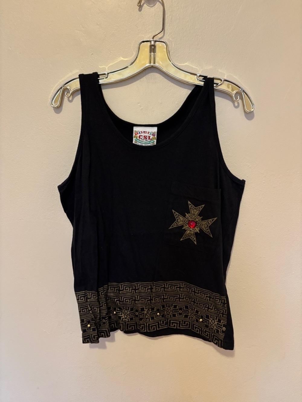 Black Women's Embellished Tank Top with Star Pocket -